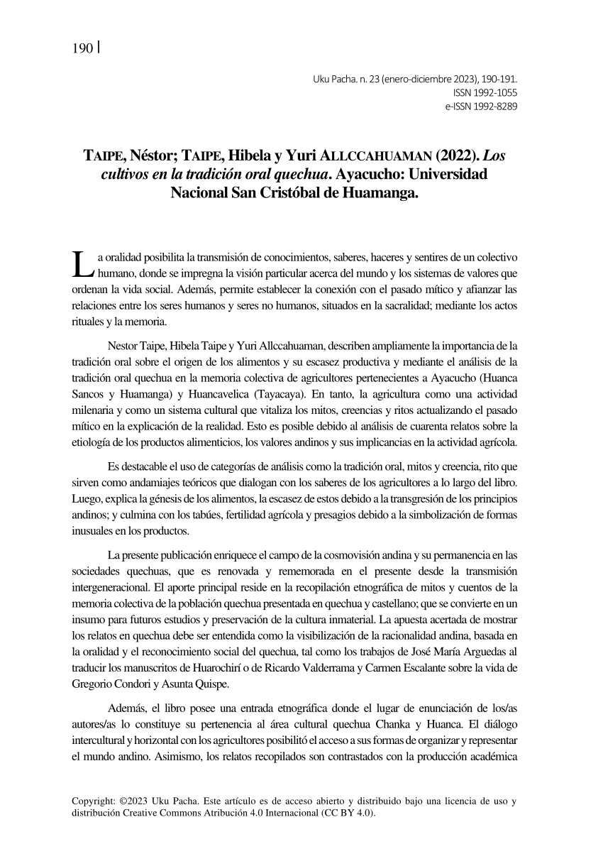 (PDF) Los cultivos en la tradiciónoral quechua de Nestor Taipe, Hibela ...