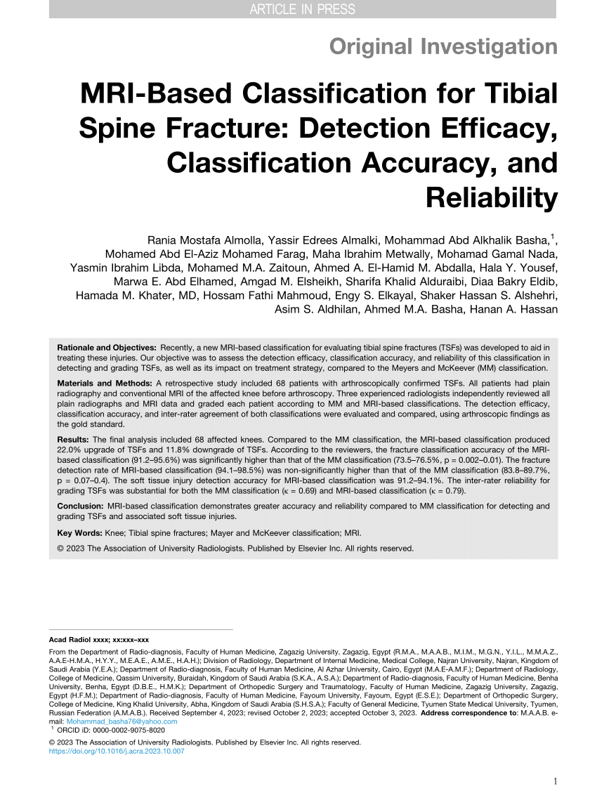 PDF MRI Based Classification for Tibial Spine Fracture Detection  