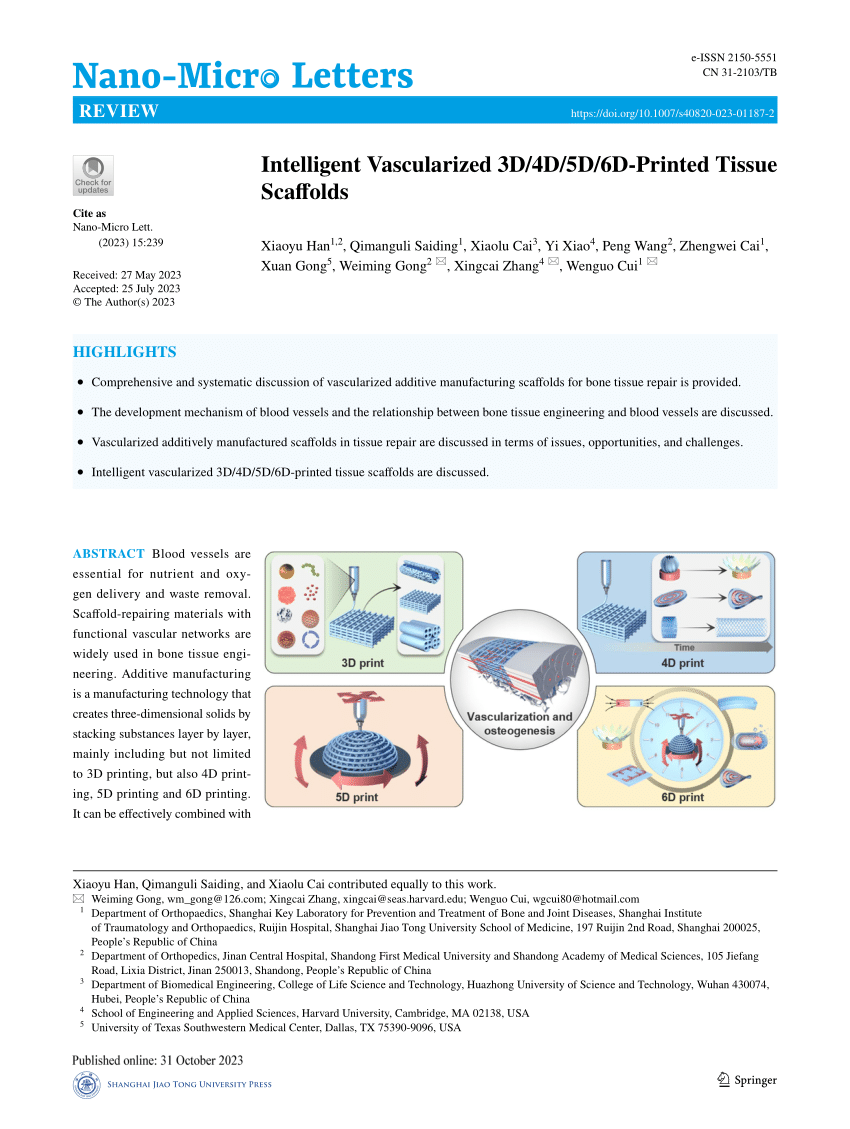 PDF) Intelligent Vascularized 3D/4D/5D/6D-Printed Tissue Scaffolds