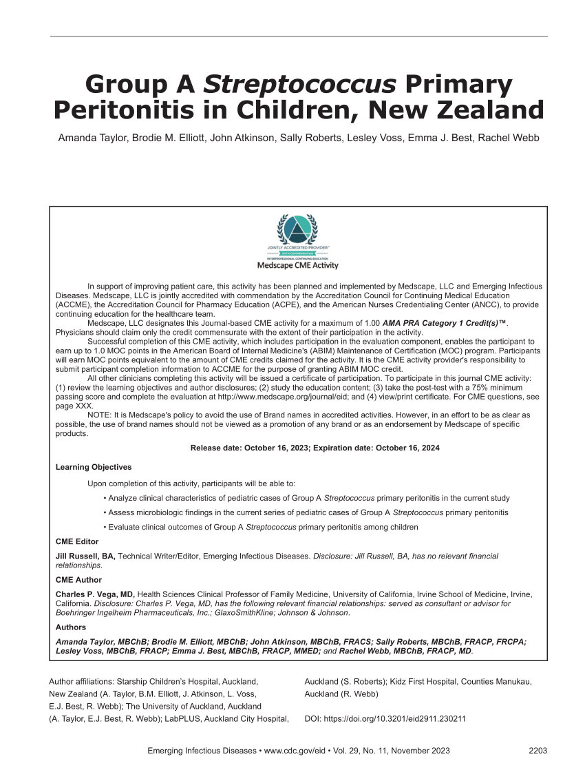 PDF Group A Streptococcus Primary Peritonitis in Children New