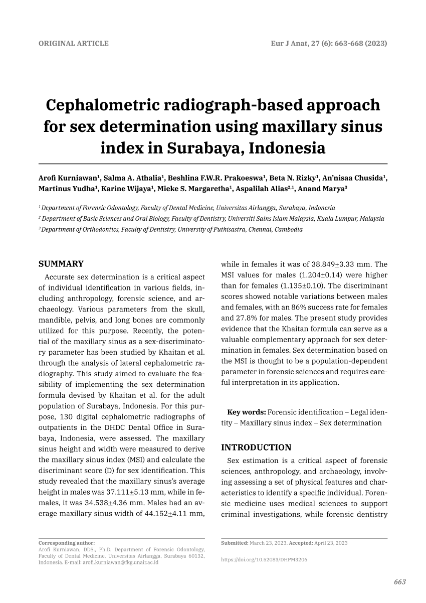 PDF) Cephalometric radiograph-based approach for sex determination using  maxillary sinus index in Surabaya, Indonesia