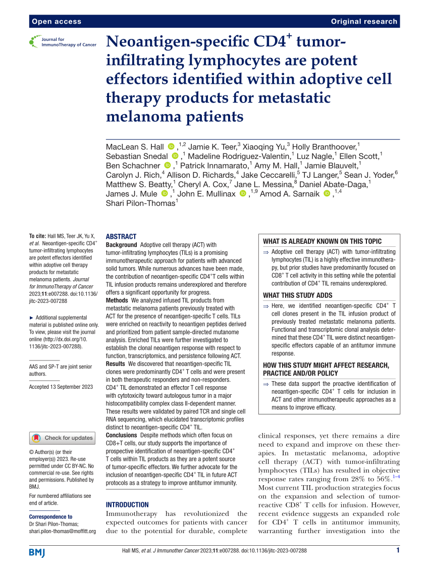 PDF Neoantigen Specific CD Tumor Infiltrating Lymphocytes Are Potent Effectors Identified