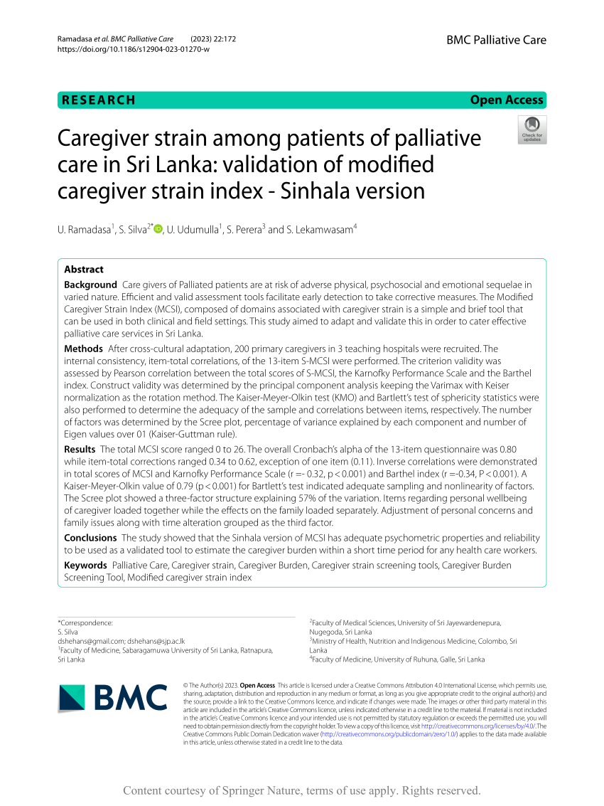 (PDF) Caregiver strain among patients of palliative care in Sri Lanka