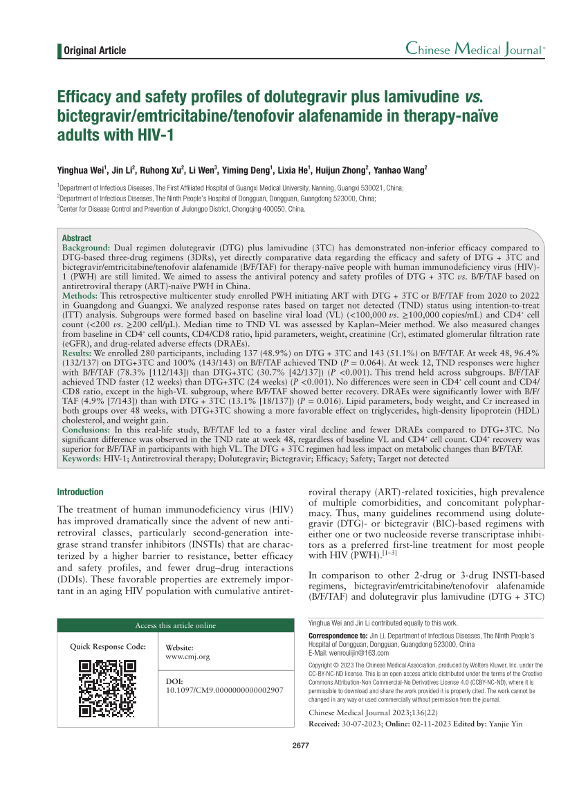 Pdf Efficacy And Safety Profiles Of Dolutegravir Plus Lamivudine Vs Bictegraviremtricitabine 