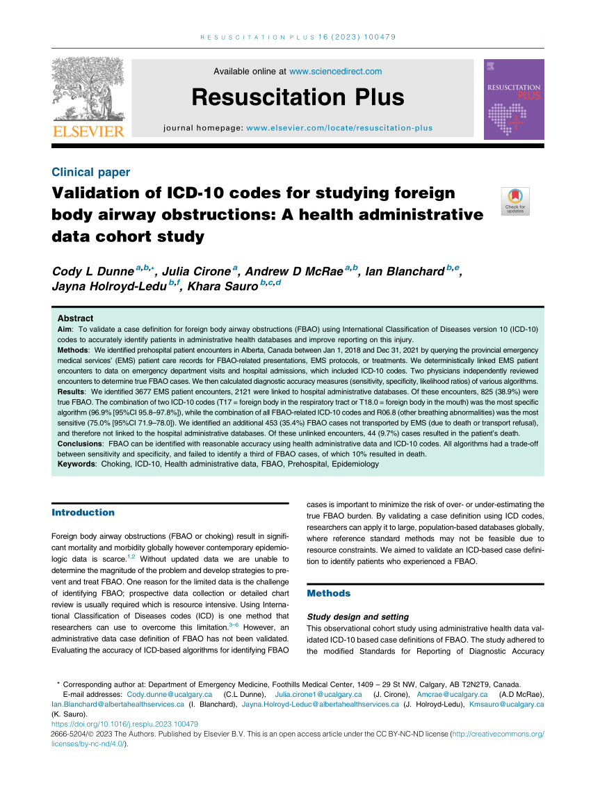 PDF Validation of ICD 10 codes for studying foreign body airway