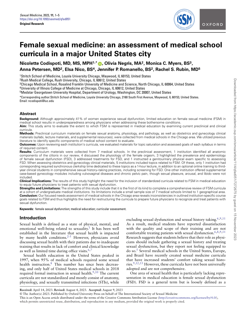 Pdf Female Sexual Medicine An Assessment Of Medical School Curricula In A Major United States