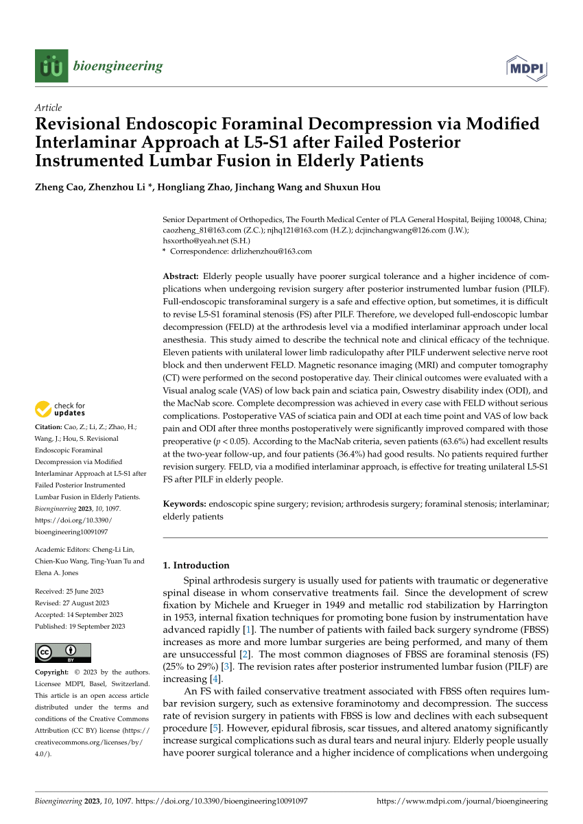 Pdf Revisional Endoscopic Foraminal Decompression Via Modified Interlaminar Approach At L5 S1 2413