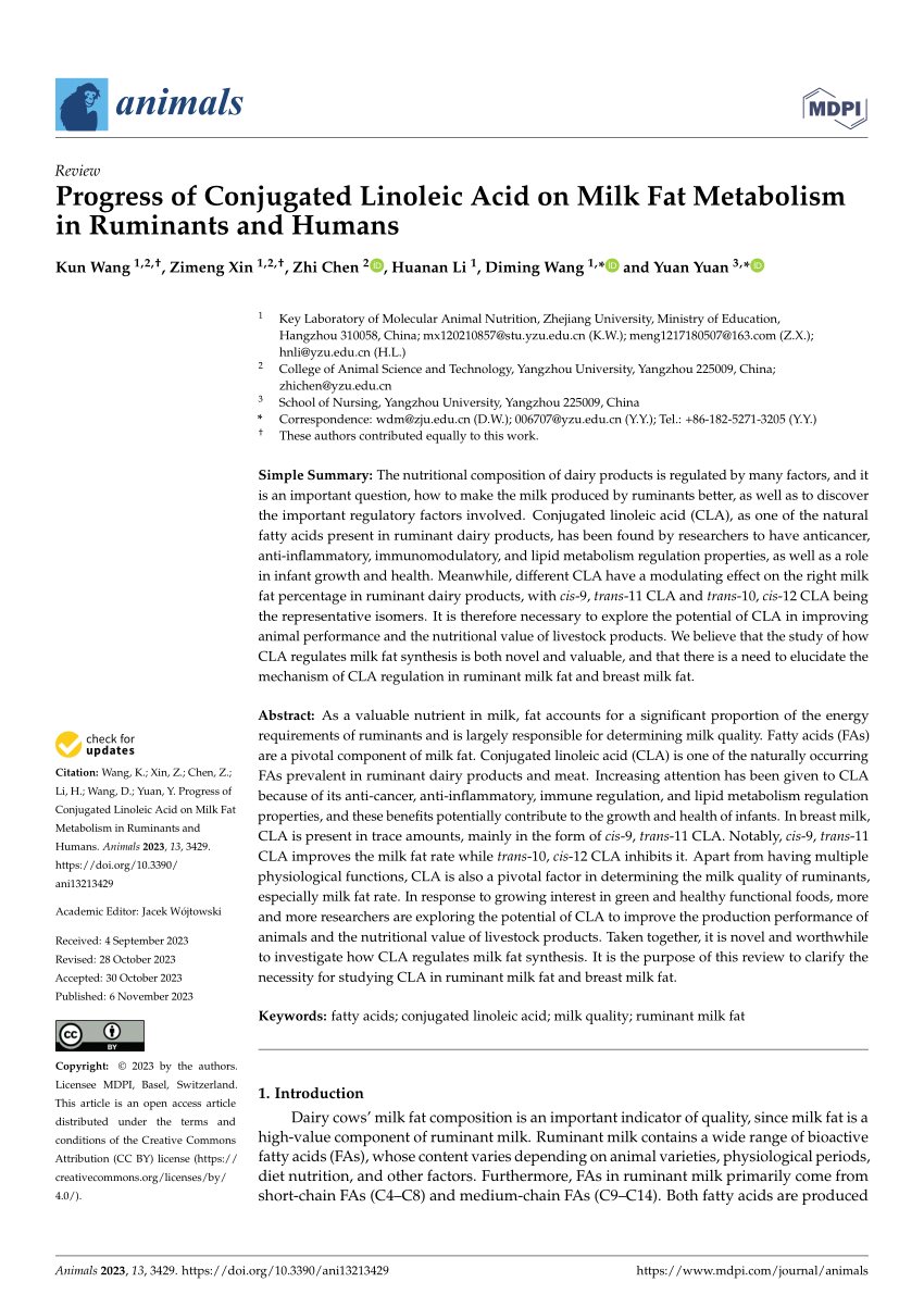 PDF) Progress of Conjugated Linoleic Acid on Milk Fat Metabolism 