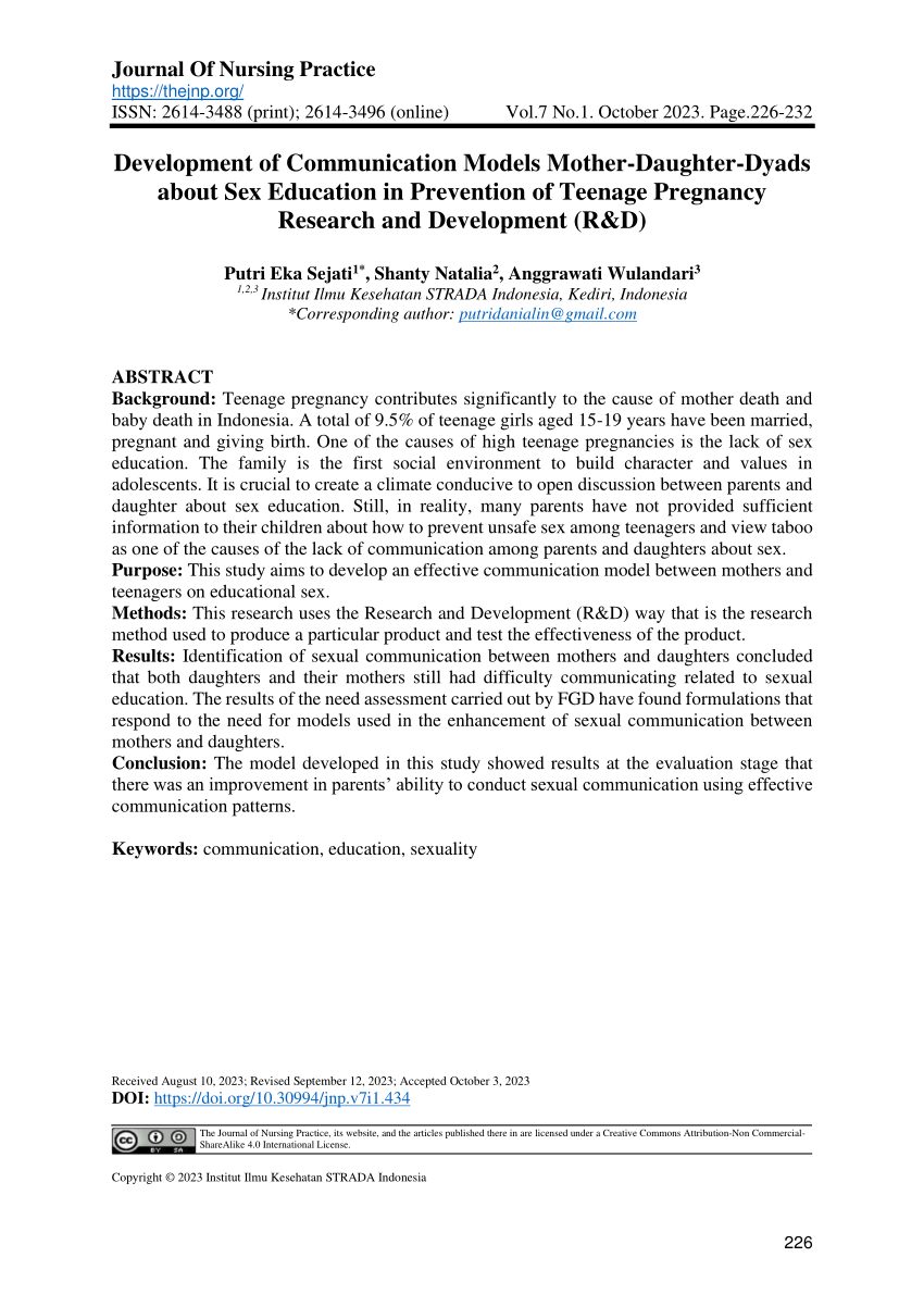 PDF) Development of Communication Models Mother-Daughter-Dyads about Sex  Education in Prevention of Teenage Pregnancy Research and Development (R&D)