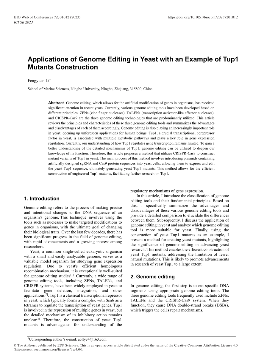 PDF) Applications of Genome Editing in Yeast with an Example of 