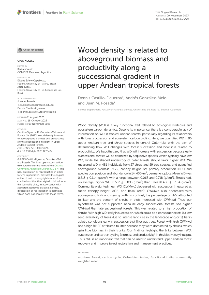 Frontiers  Wood density is related to aboveground biomass and productivity  along a successional gradient in upper Andean tropical forests