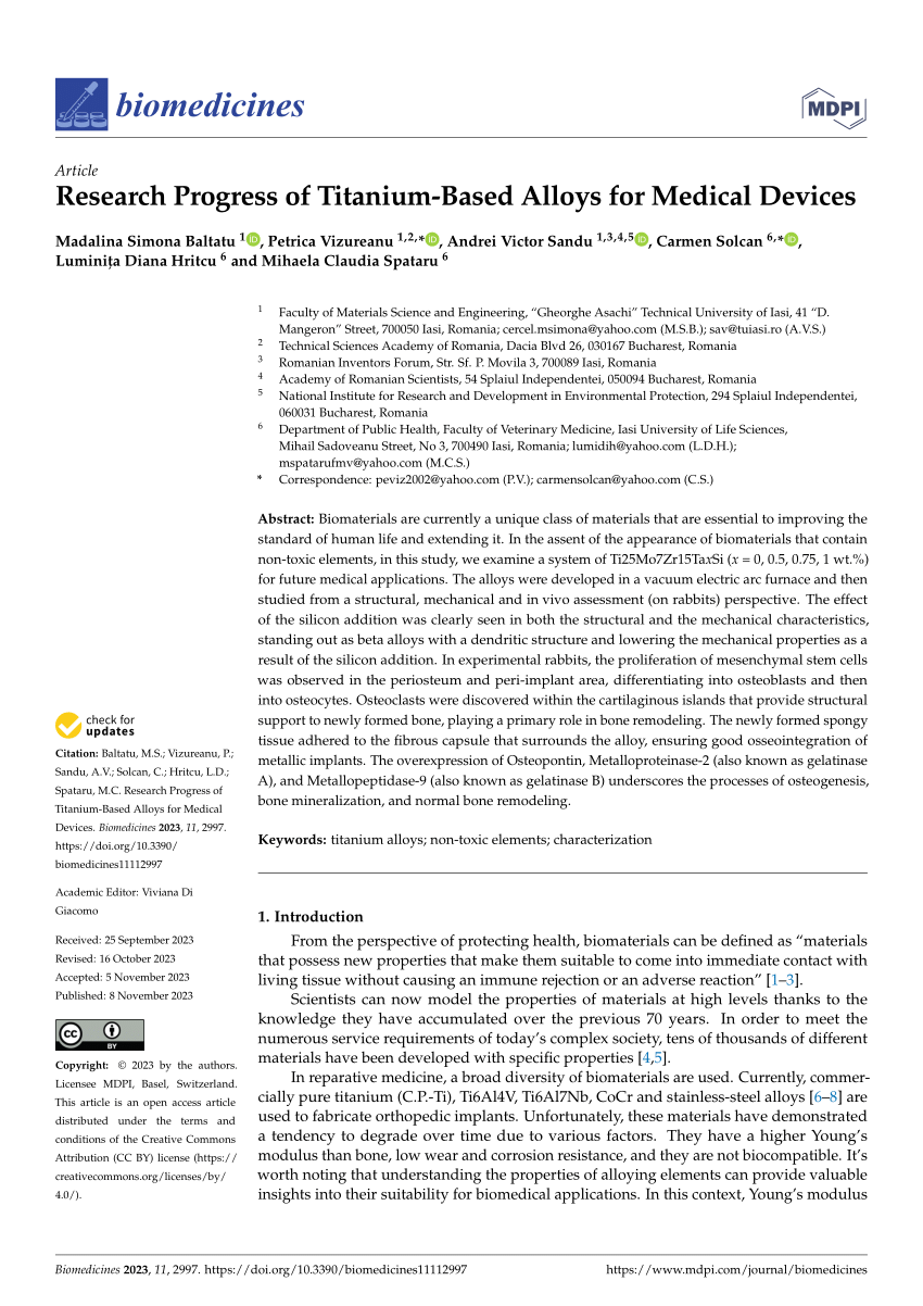 (PDF) Research Progress of TitaniumBased Alloys for Medical Devices