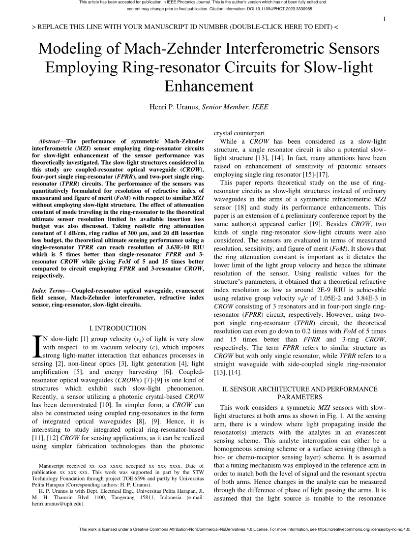 PDF) Modeling of Mach-Zehnder Interferometric Sensors Employing  Ring-Resonator Circuits for Slow-Light Enhancement