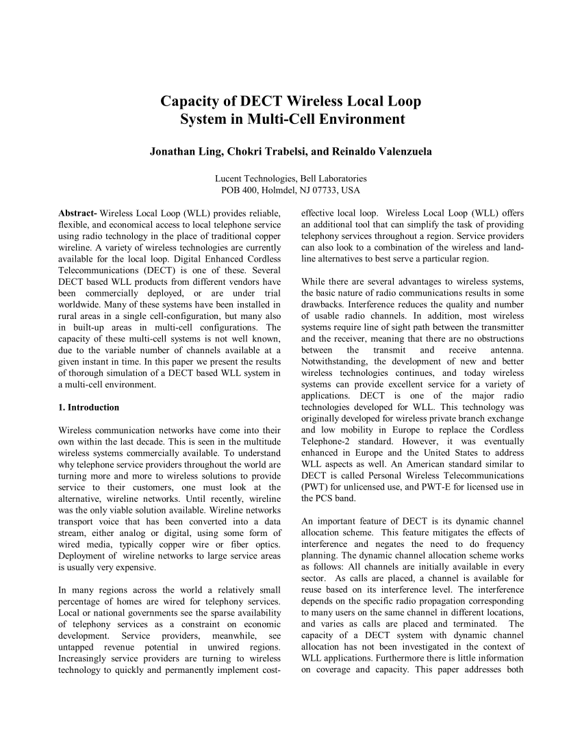 Pdf Capacity Of Dect Wireless Local Loop System In Multi Cell Environment