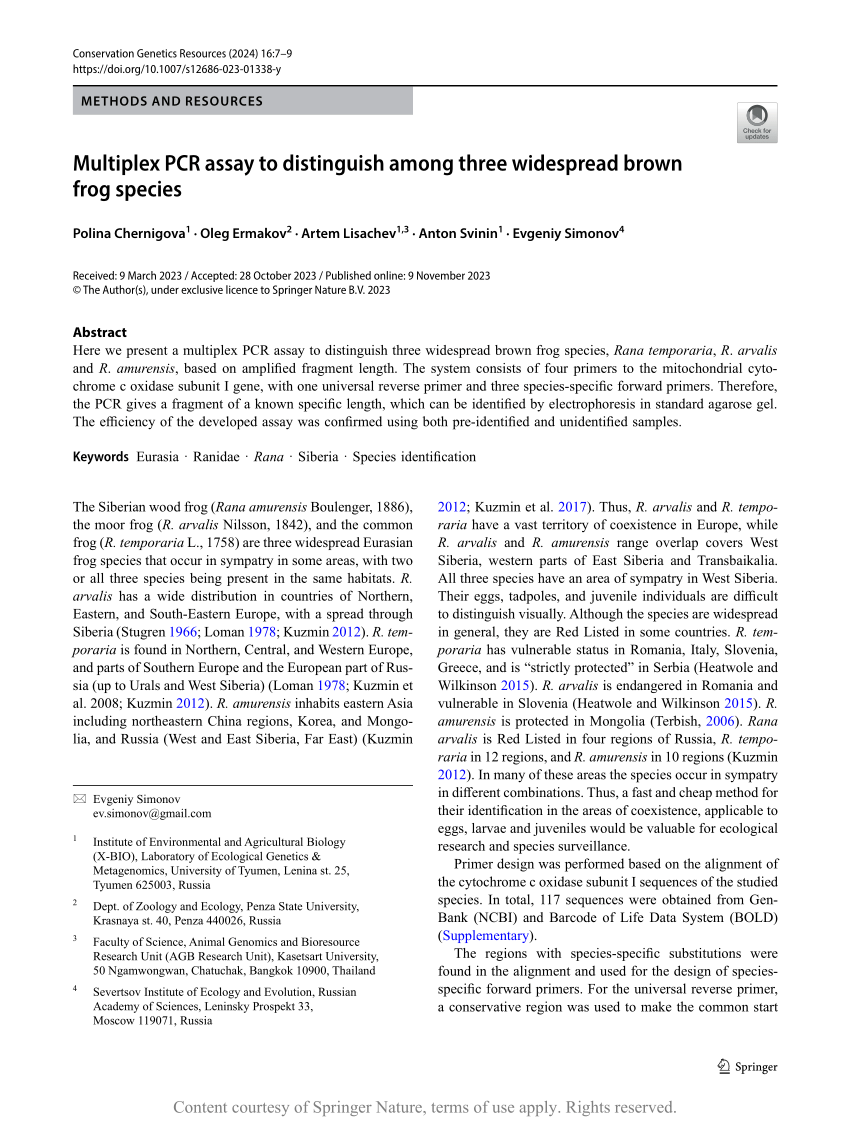 Multiplex PCR assay to distinguish among three widespread brown frog