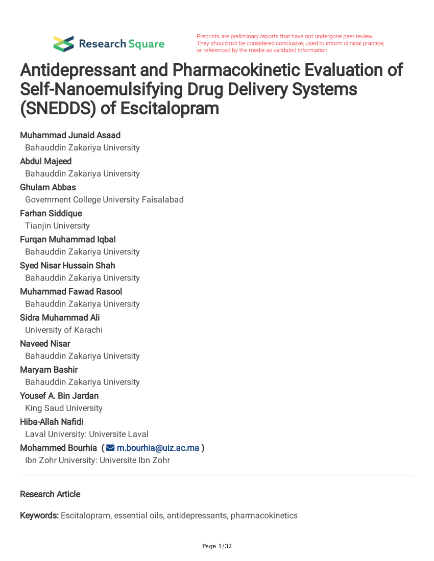 PDF) Antidepressant and Pharmacokinetic Evaluation of Self-Nanoemulsifying  Drug Delivery Systems (SNEDDS) of Escitalopram