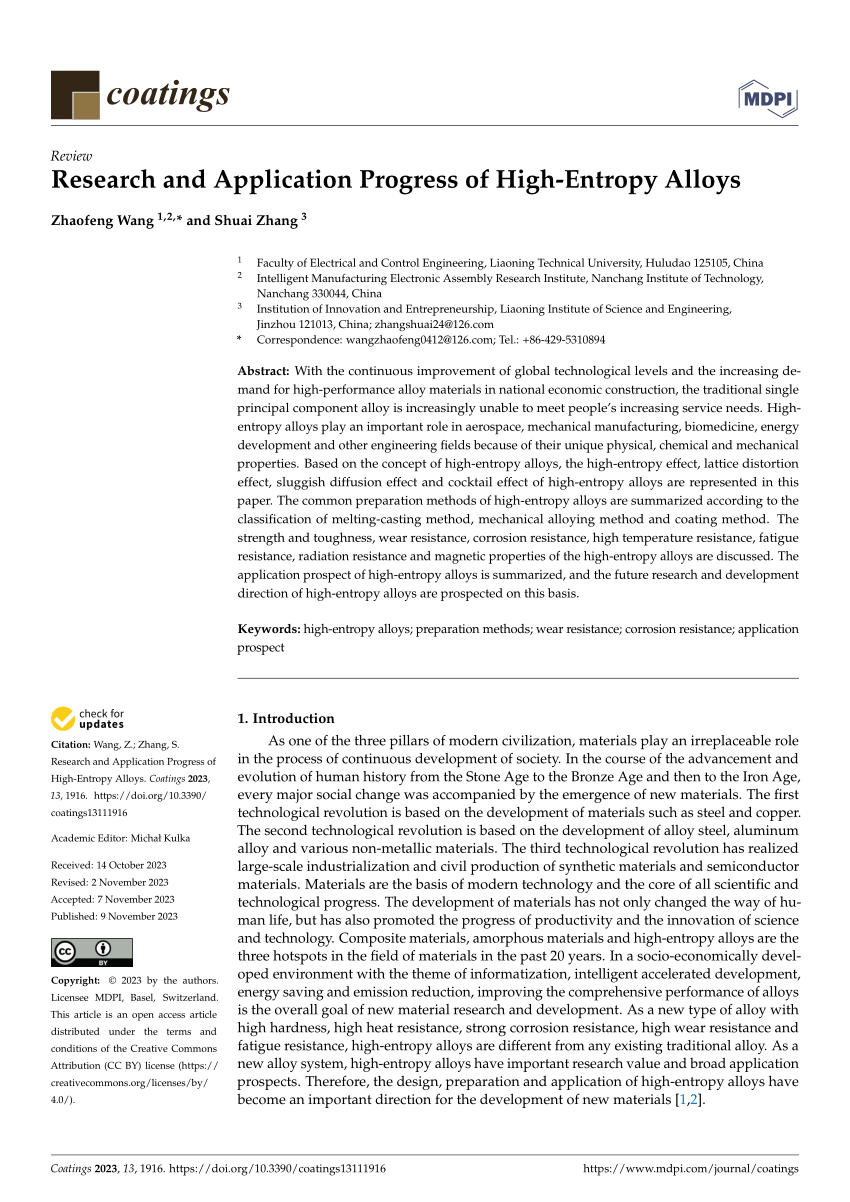 PDF) Research and Application Progress of High-Entropy Alloys