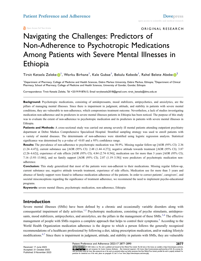 PDF) Navigating the Challenges: Predictors of Non-Adherence to Psychotropic  Medications Among Patients with Severe Mental Illnesses in Ethiopia