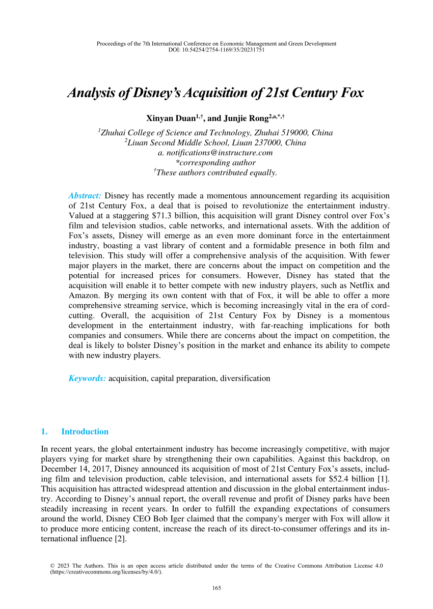 Pdf Analysis Of Disneys Acquisition Of 21st Century Fox 