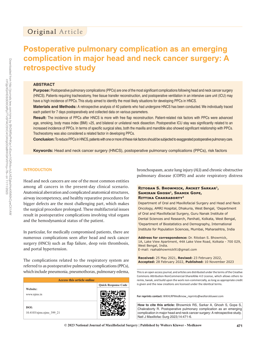 Pdf Postoperative Pulmonary Complication As An Emerging Complication In Major Head And Neck 4611