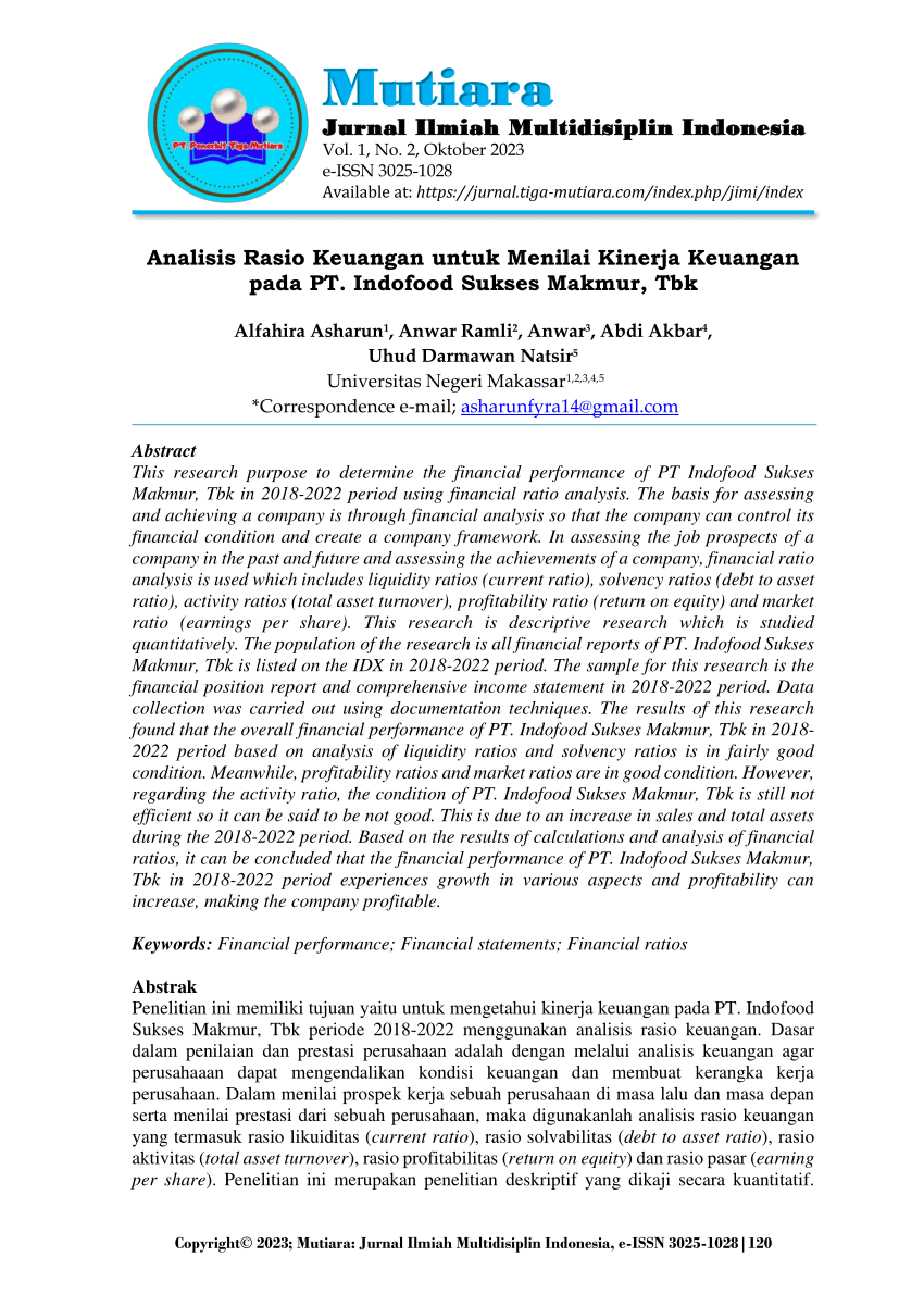 Pdf Analisis Rasio Keuangan Untuk Menilai Kinerja Keuangan Pada Pt Indofood Sukses Makmur Tbk 3562