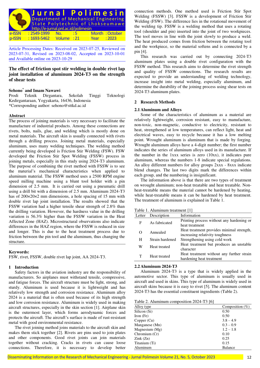 (PDF) The effect of friction spot stir welding in double rivet lap