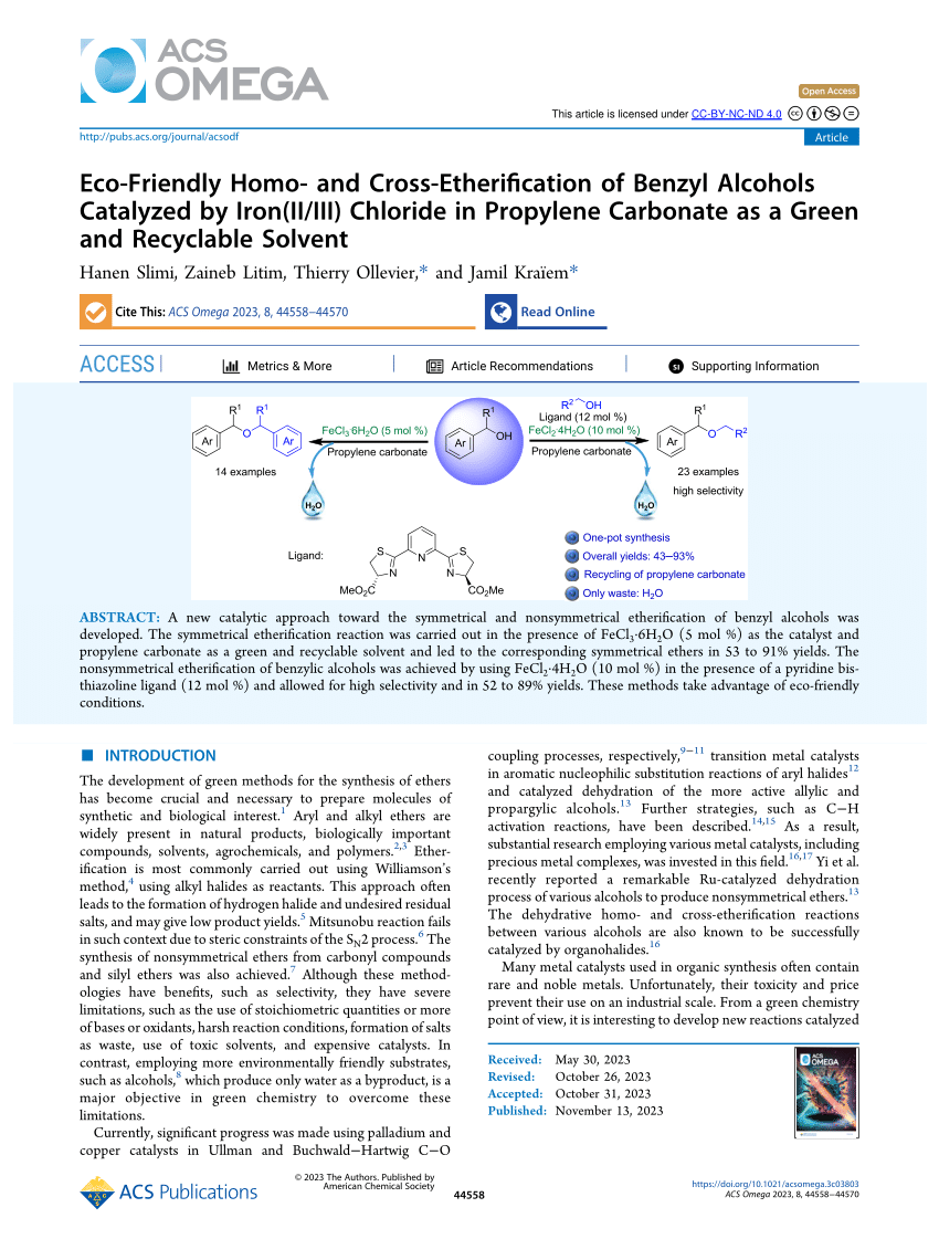 Eco-Friendly Homo- and Cross-Etherification of Benzyl Alcohols Catalyzed by  Iron(II/III) Chloride in Propylene Carbonate as a Green and Recyclable  Solvent