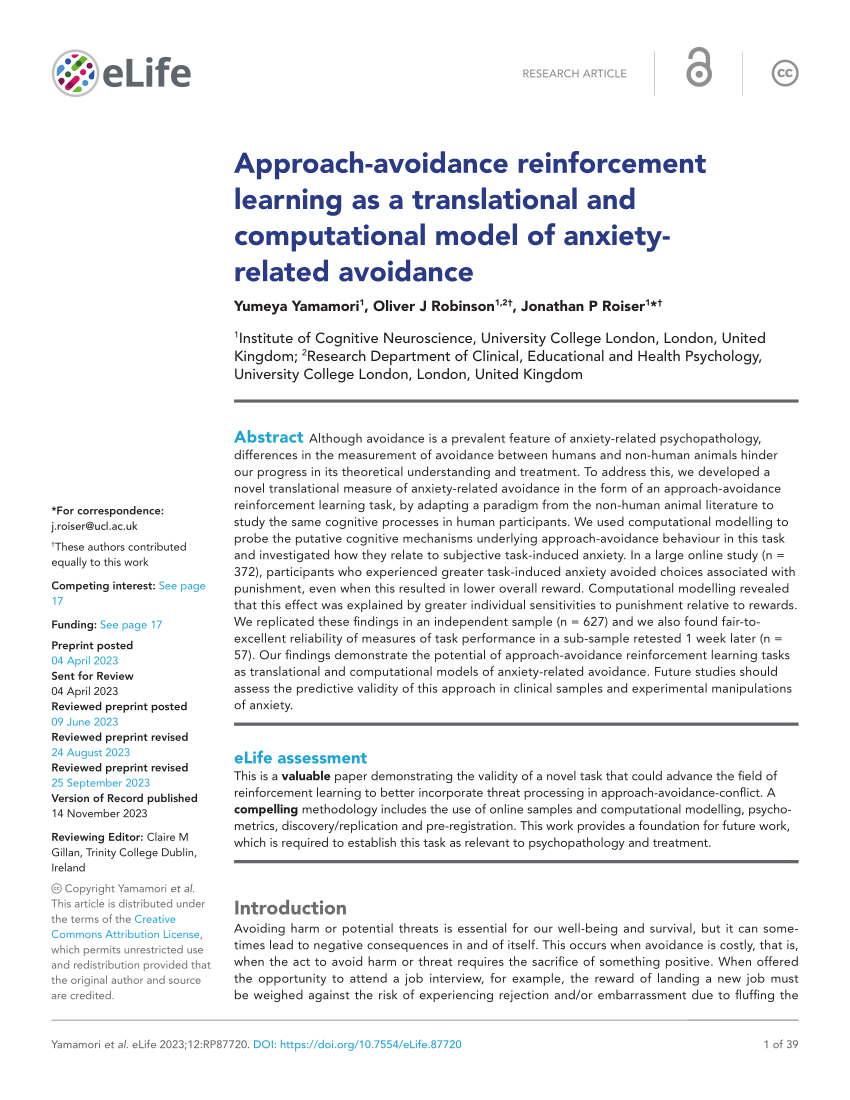 Pdf Approach Avoidance Reinforcement Learning As A Translational And Computational Model Of 7104