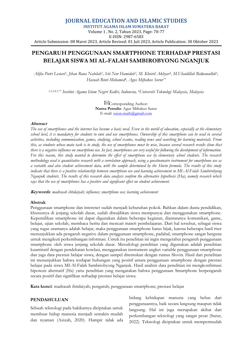 Pdf Pengaruh Penggunaan Smartphone Terhadap Prestasi Belajar Siswa Mi Al Falah Sambirobyong 4142