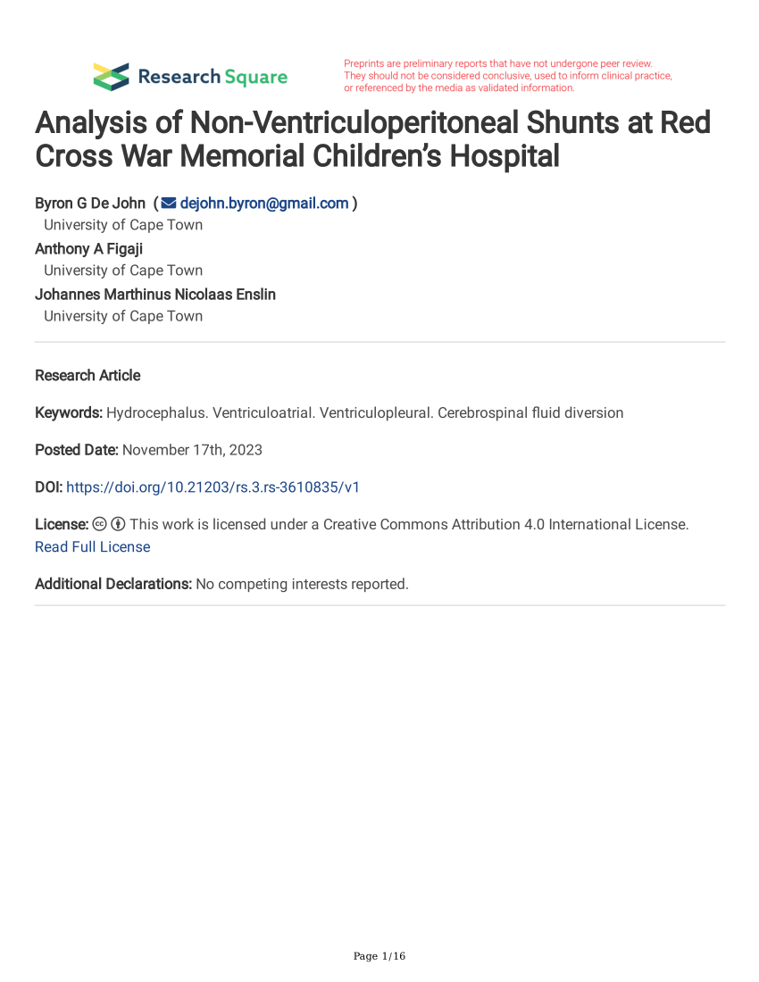 PDF) Analysis of Non-Ventriculoperitoneal Shunts at Red Cross War Memorial  Children's Hospital