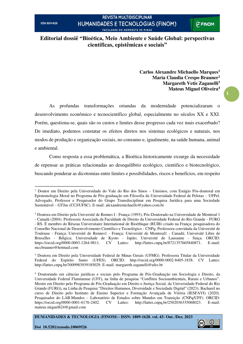 PDF) Editorial dossiê Bioética, Meio Ambiente e Saúde Global: perspectivas  científicas, epistêmicas e sociais