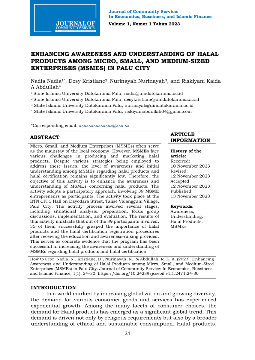 PDF) Enhancing Awareness and Understanding of Halal Products among Micro,  Small, and Medium-Sized Enterprises (MSMEs) in Palu City