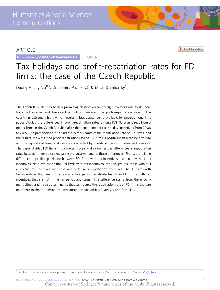 Tax holidays and profit-repatriation rates for FDI firms: the case of the  Czech Republic