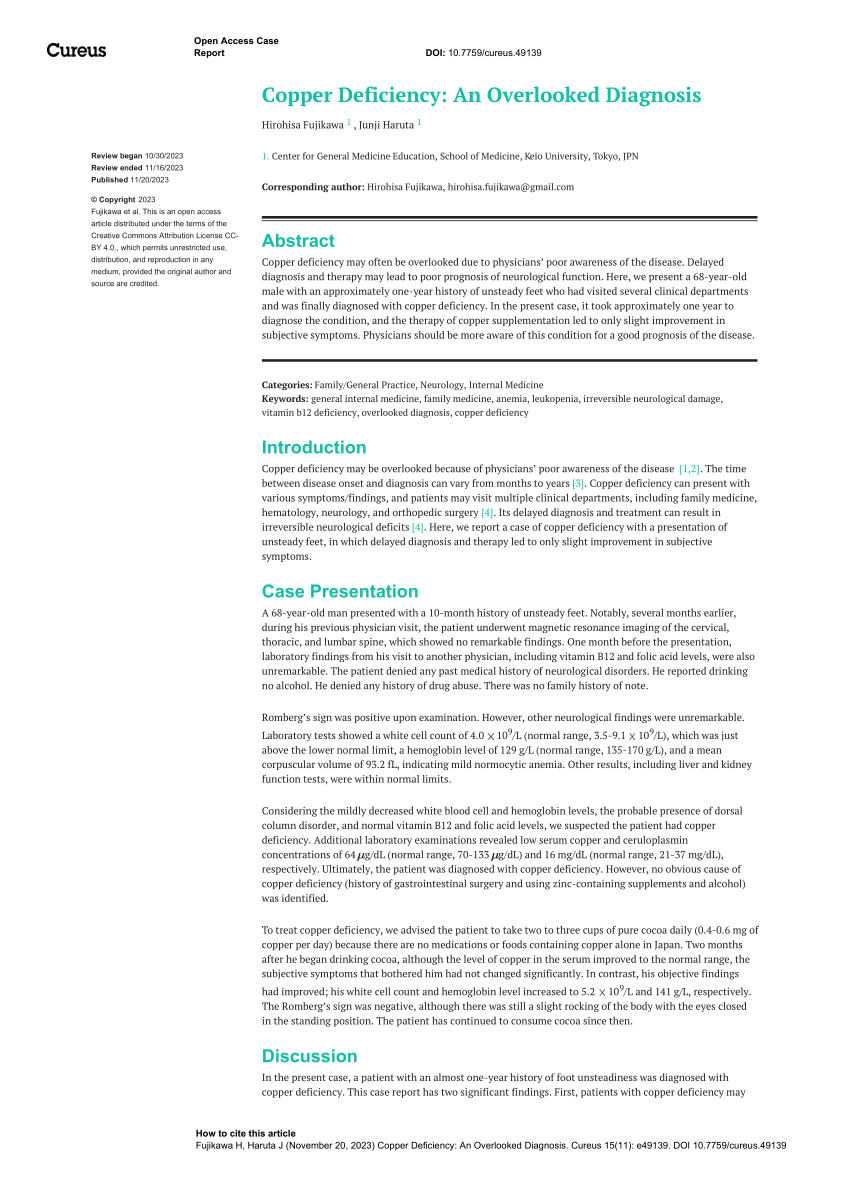 (PDF) Copper Deficiency An Overlooked Diagnosis