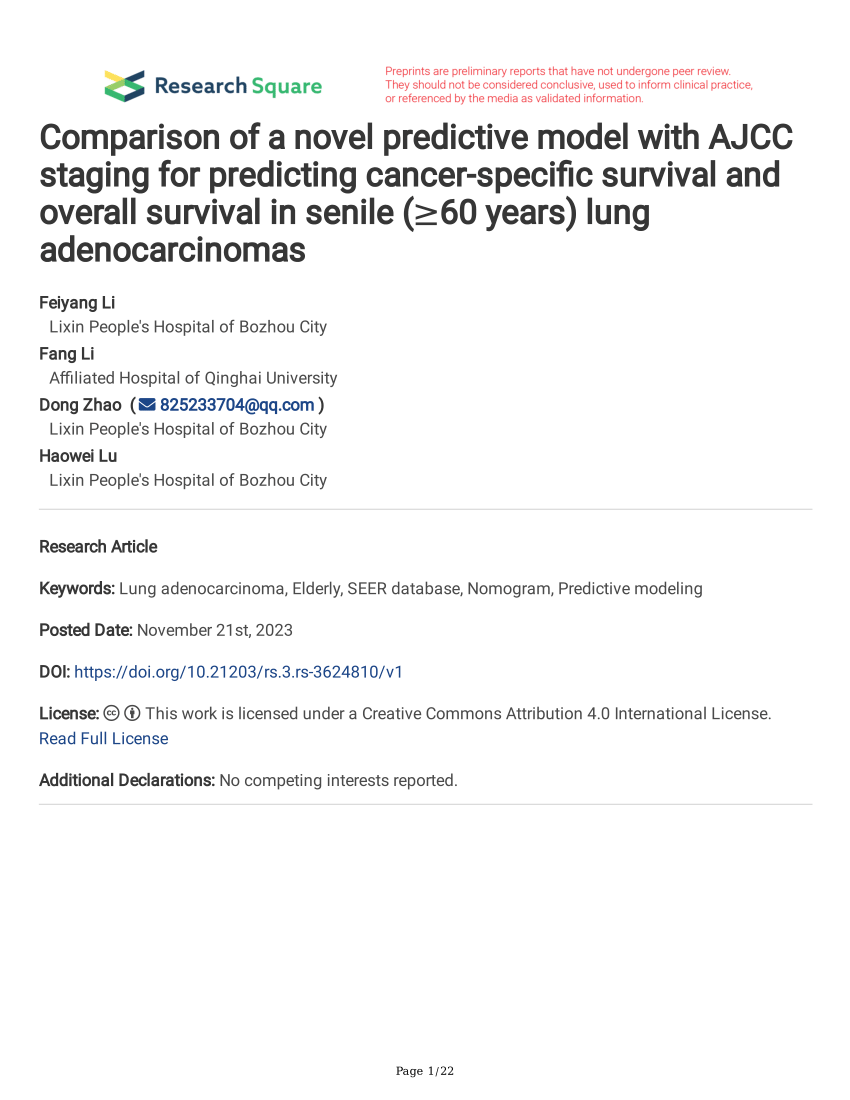 Pdf Comparison Of A Novel Predictive Model With Ajcc Staging For Predicting Cancer Specific