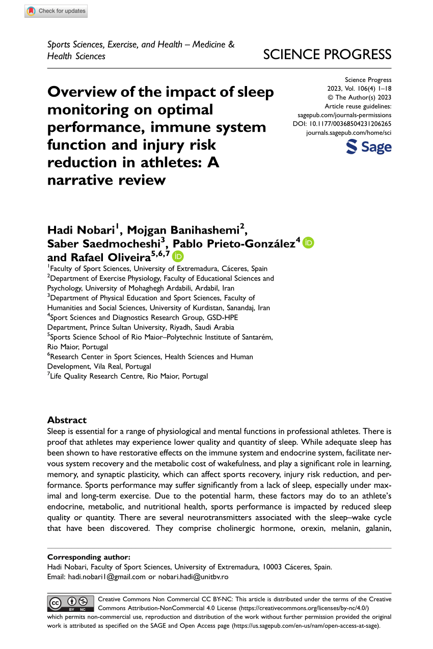 PDF) Overview of the impact of sleep monitoring on optimal performance,  immune system function and injury risk reduction in athletes: A narrative  review