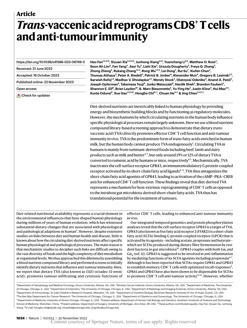 PDF) Trans-vaccenic acid reprograms CD8 T cells and anti-tumour immunity