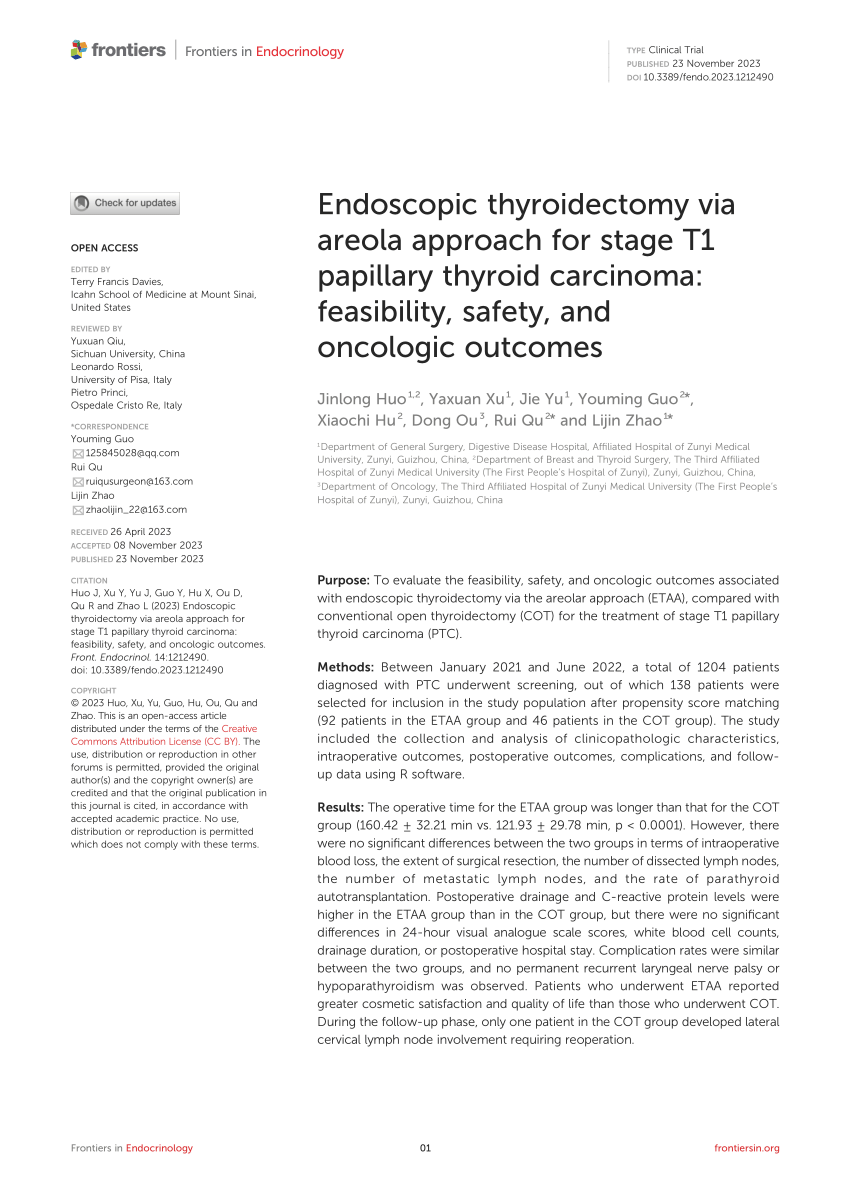 Pdf Endoscopic Thyroidectomy Via Areola Approach For Stage T