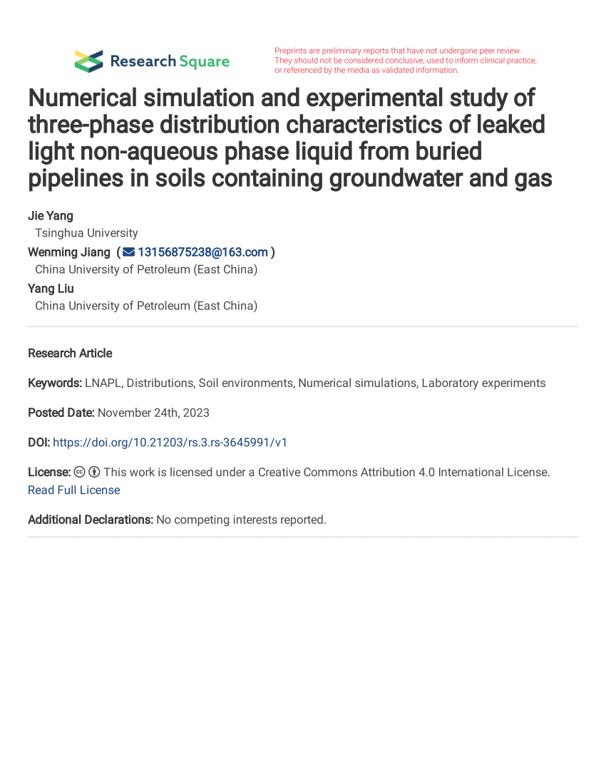 PDF) Numerical simulation and experimental study of three-phase  distribution characteristics of leaked light non-aqueous phase liquid from  buried pipelines in soils containing groundwater and gas
