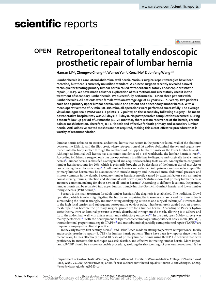 PDF) Retroperitoneal totally endoscopic prosthetic repair of lumbar hernia