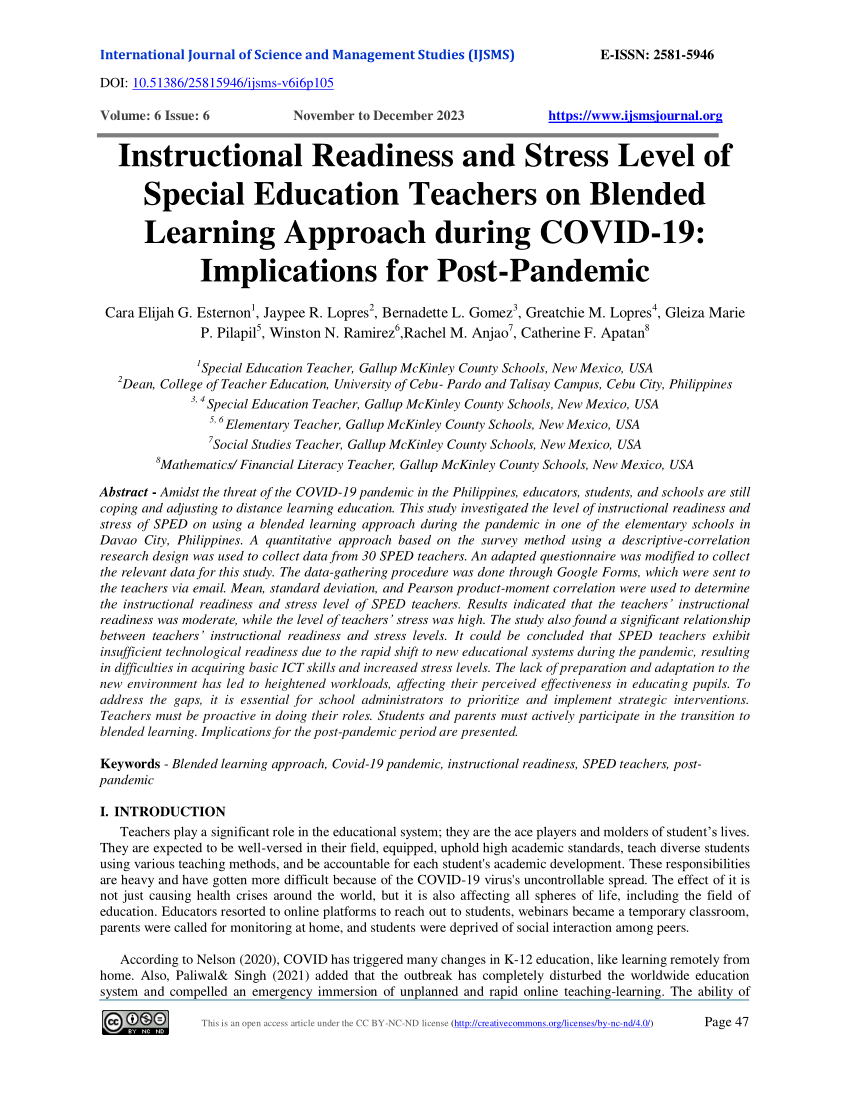 PDF) Instructional Readiness and Stress Level of Special Education Teachers  on Blended Learning Approach during COVID-19: Implications for Post-Pandemic