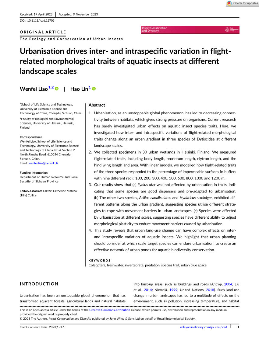 PDF) Urbanisation drives inter-and intraspecific variation in flight-  related morphological traits of aquatic insects at different landscape  scales