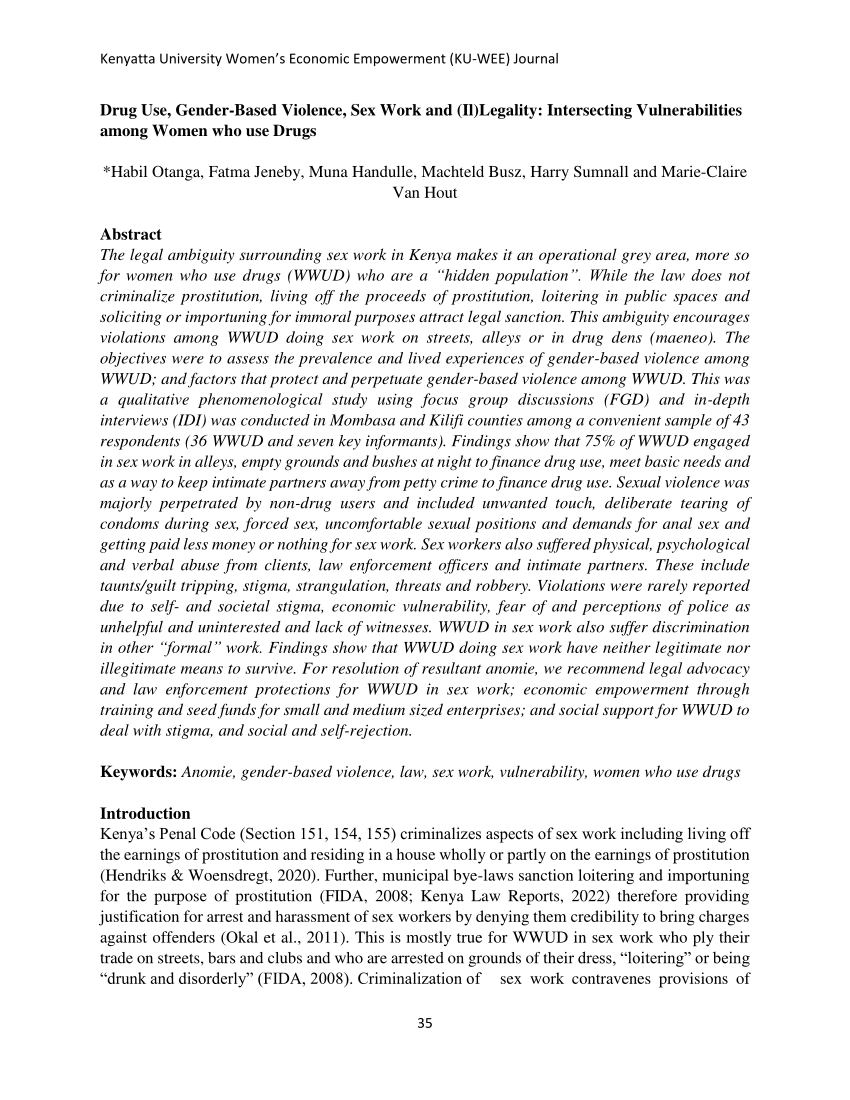 PDF) Drug Use, Gender-Based Violence, Sex Work and (Il)Legality:  Intersecting Vulnerabilities among Women who use Drugs