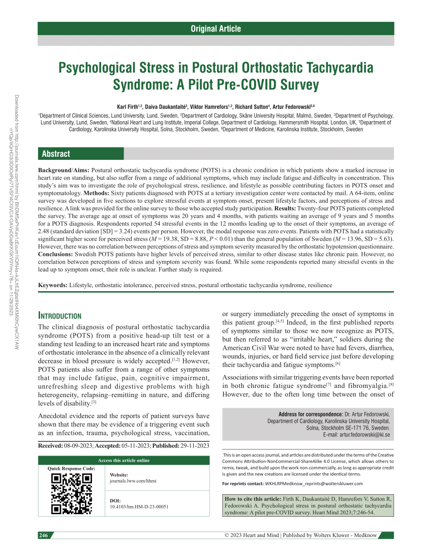 PDF) Psychological Stress in Postural Orthostatic Tachycardia Syndrome: A  Pilot Pre‑COVID Survey