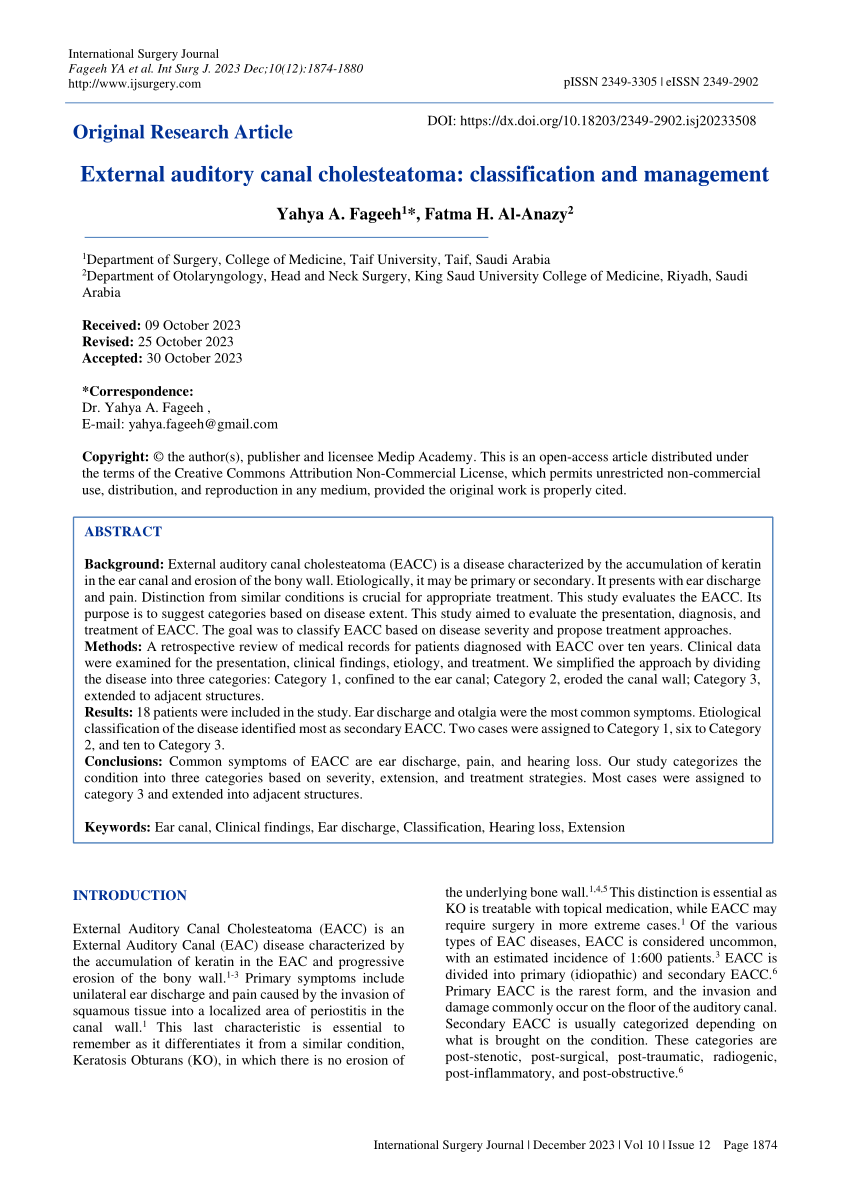 (PDF) External auditory canal cholesteatoma: classification and management