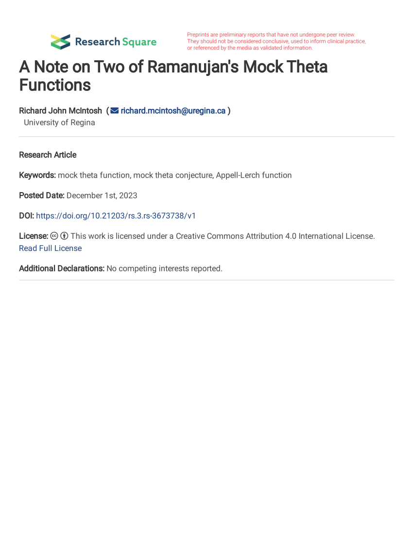 (PDF) A Note on Two of Ramanujan's Mock Theta Functions
