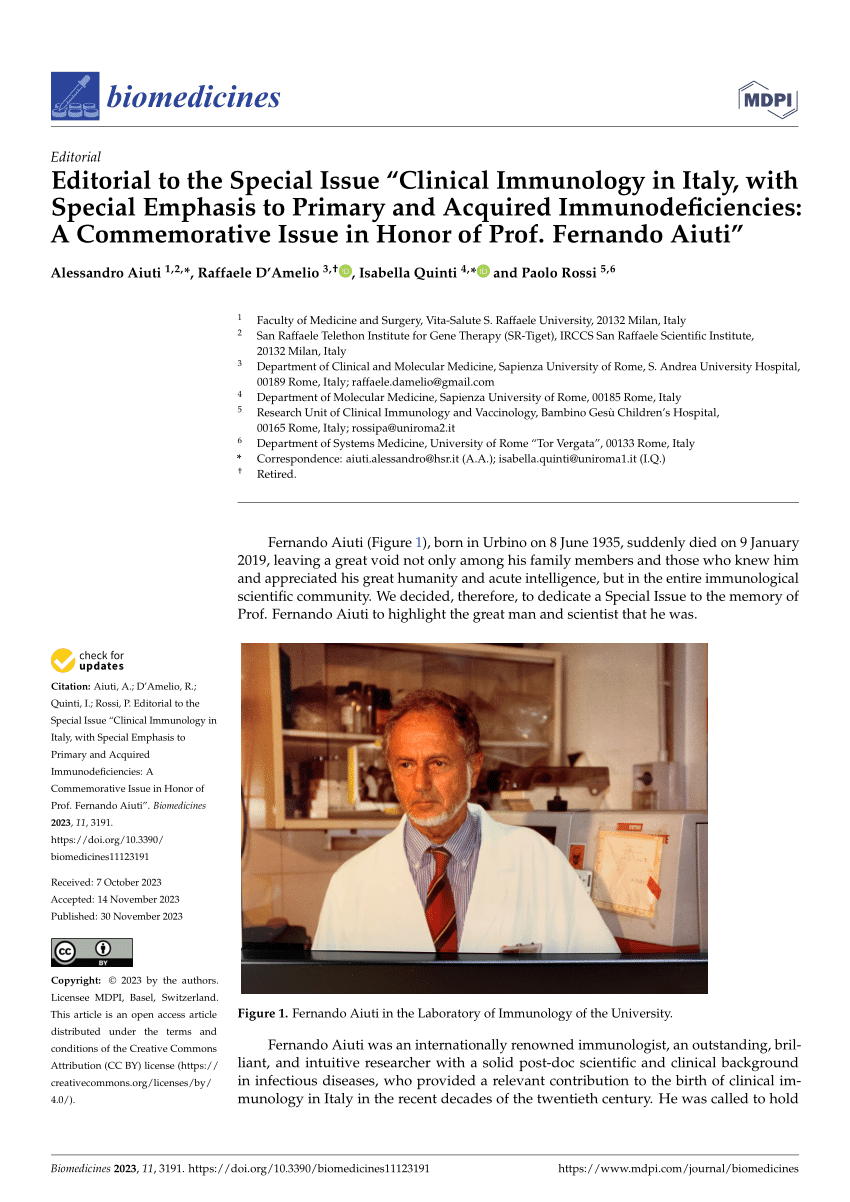PDF) Editorial to the Special Issue “Clinical Immunology in Italy, with  Special Emphasis to Primary and Acquired Immunodeficiencies: A  Commemorative Issue in Honor of Prof. Fernando Aiuti”