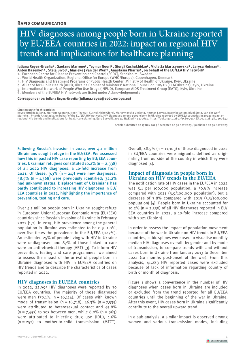 PDF) HIV diagnoses among people born in Ukraine reported by EU/EEA  countries in 2022: impact on regional HIV trends and implications for  healthcare planning