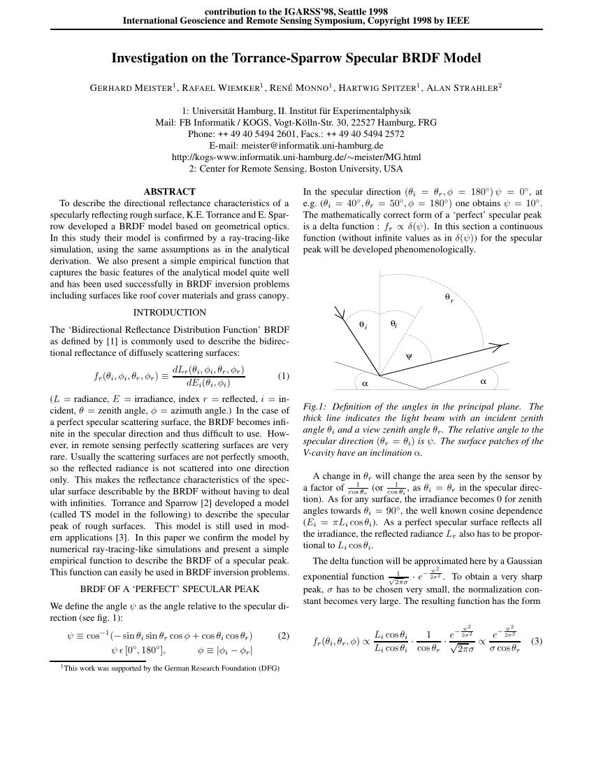 Pdf Investigation On The Torrance Sparrow Specular Brdf Model