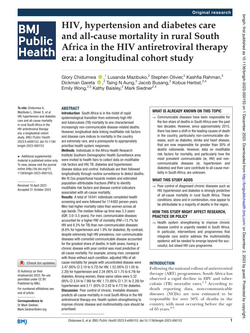 The met and unmet health needs for HIV, hypertension, and diabetes in rural  KwaZulu-Natal, South Africa: analysis of a cross-sectional multimorbidity  survey - The Lancet Global Health